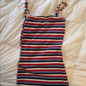 red, blue, black and white stripped dress